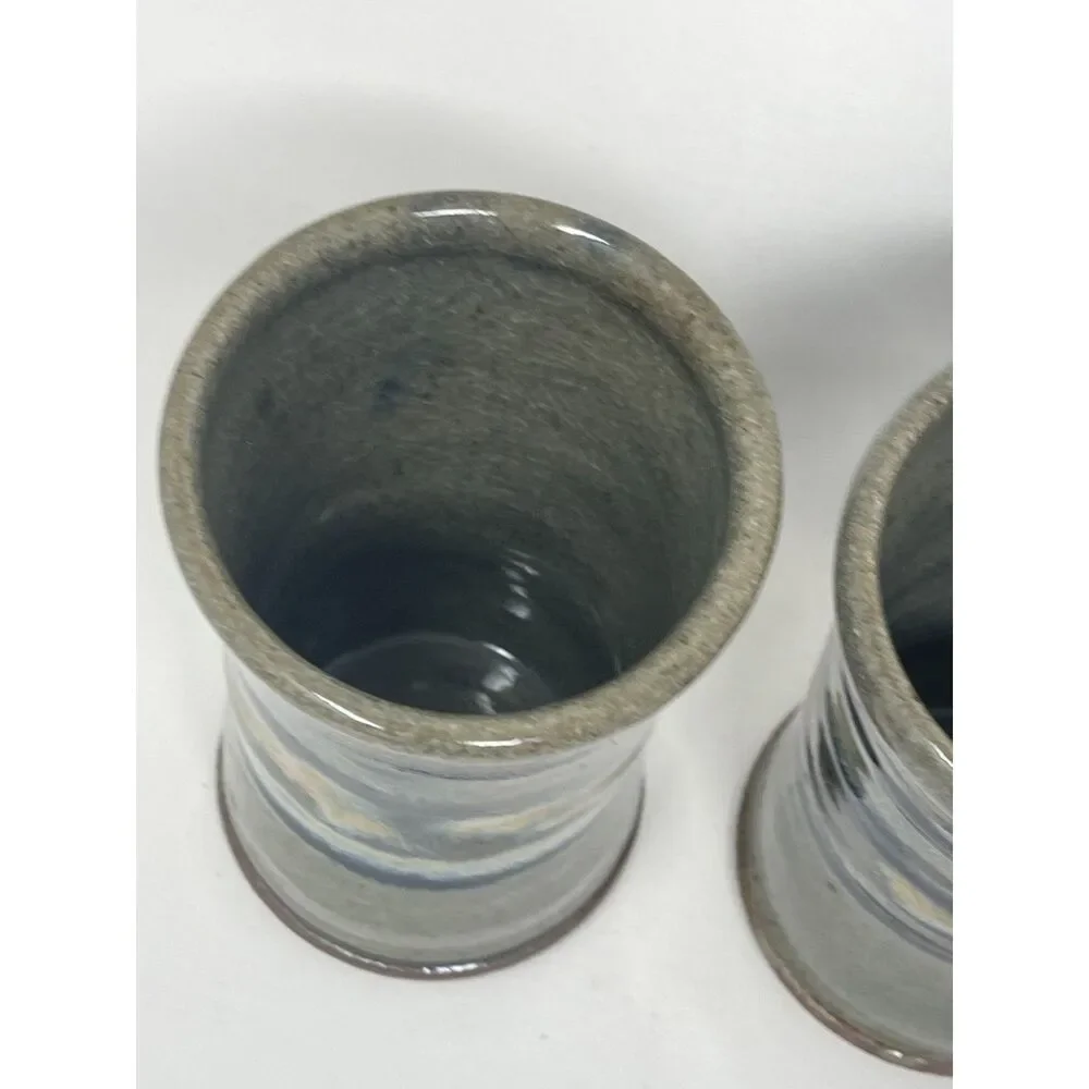 Pottery Air Plant/Vase/Mug Cup Ceramic Clay Handmade Blue Grey Set of 2 Signed.